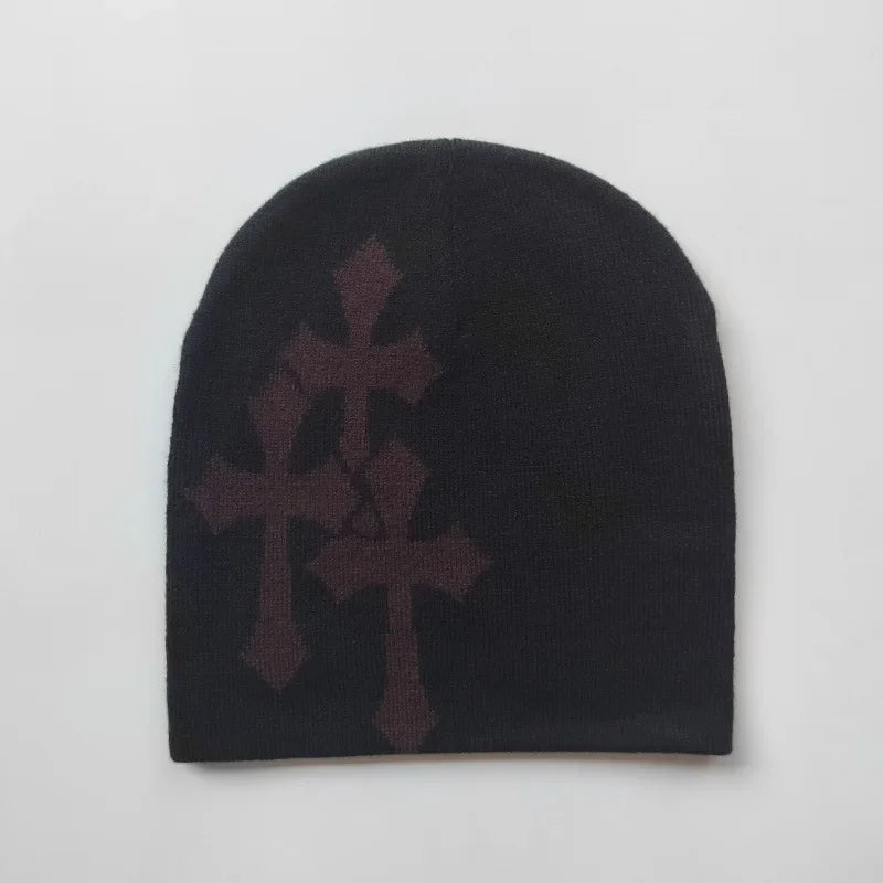 Y2K Knitted Crucifix Jacquard Beanies Women Men Popular Hip Hop Hat Outdoor Warm Sports Knitted Hat Trendy Street Knitted Hat
