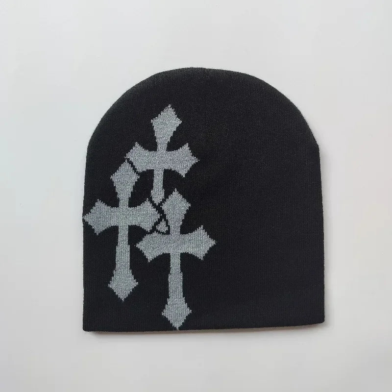 Y2K Knitted Crucifix Jacquard Beanies Women Men Popular Hip Hop Hat Outdoor Warm Sports Knitted Hat Trendy Street Knitted Hat