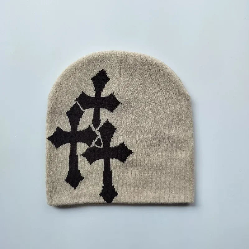 Y2K Knitted Crucifix Jacquard Beanies Women Men Popular Hip Hop Hat Outdoor Warm Sports Knitted Hat Trendy Street Knitted Hat