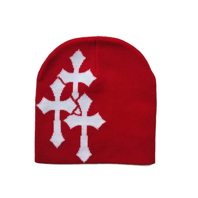 Y2K Knitted Crucifix Jacquard Beanies Women Men Popular Hip Hop Hat Outdoor Warm Sports Knitted Hat Trendy Street Knitted Hat